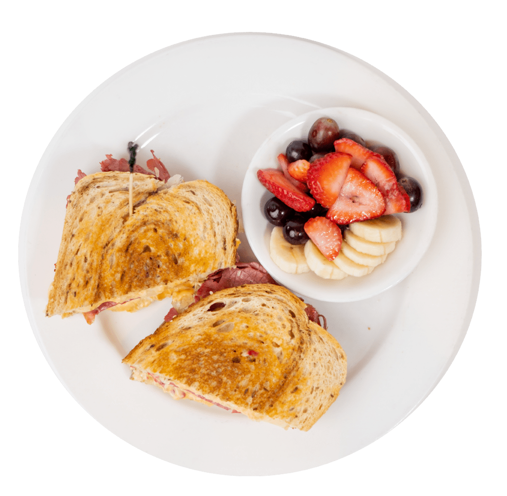 The Original Pancake House DFW Breakfast Sandwich and Fruit